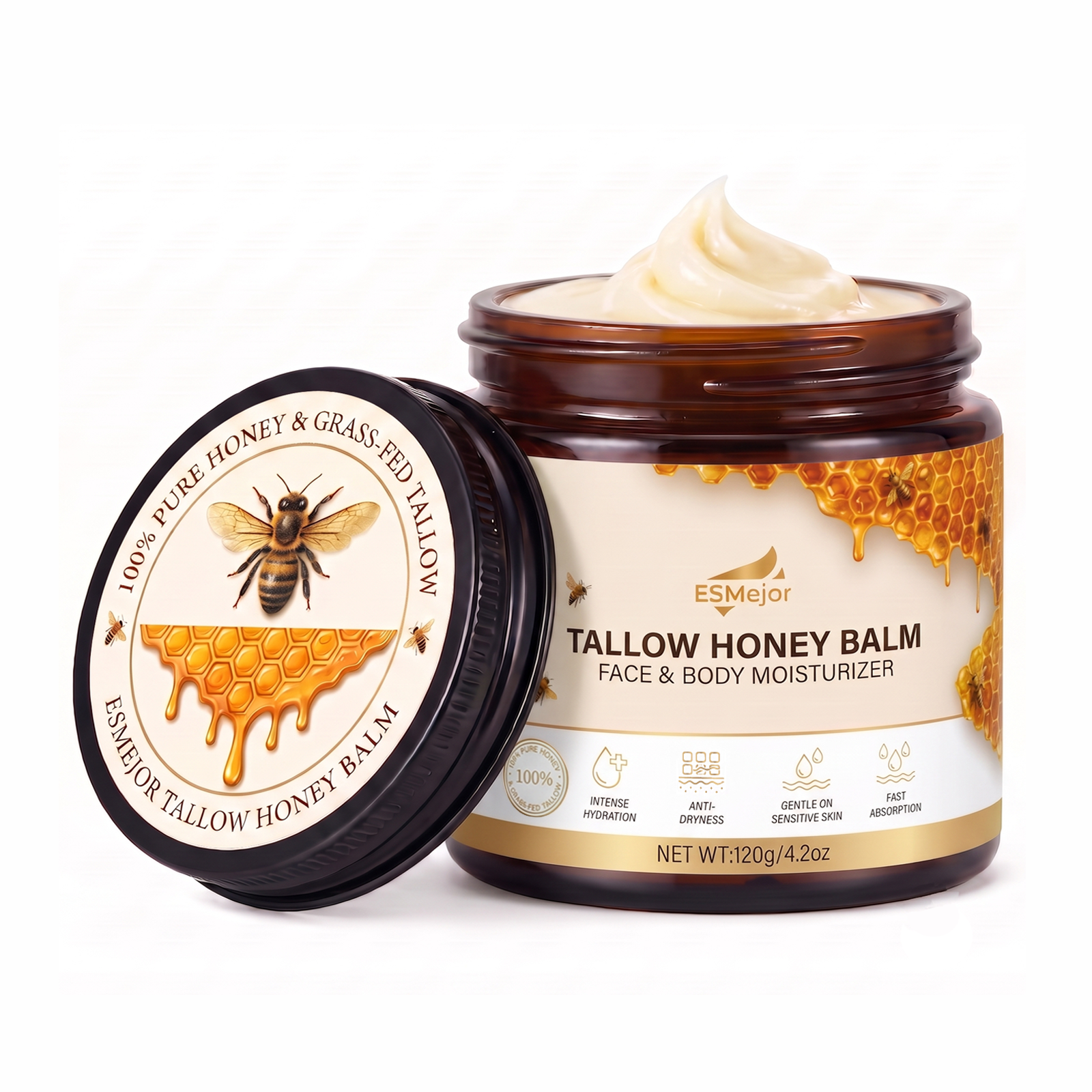 ESMejor 100% Pure Grass-Fed Tallow Honey Balm - Face & Body Moisturizer (120g / 4.2 oz)