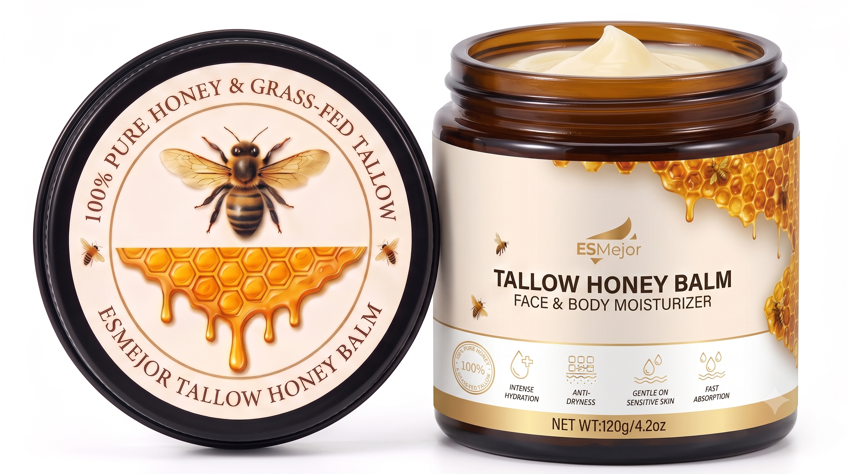 ESMejor 100% Pure Grass-Fed Tallow Honey Balm - Face & Body Moisturizer (120g / 4.2 oz)
