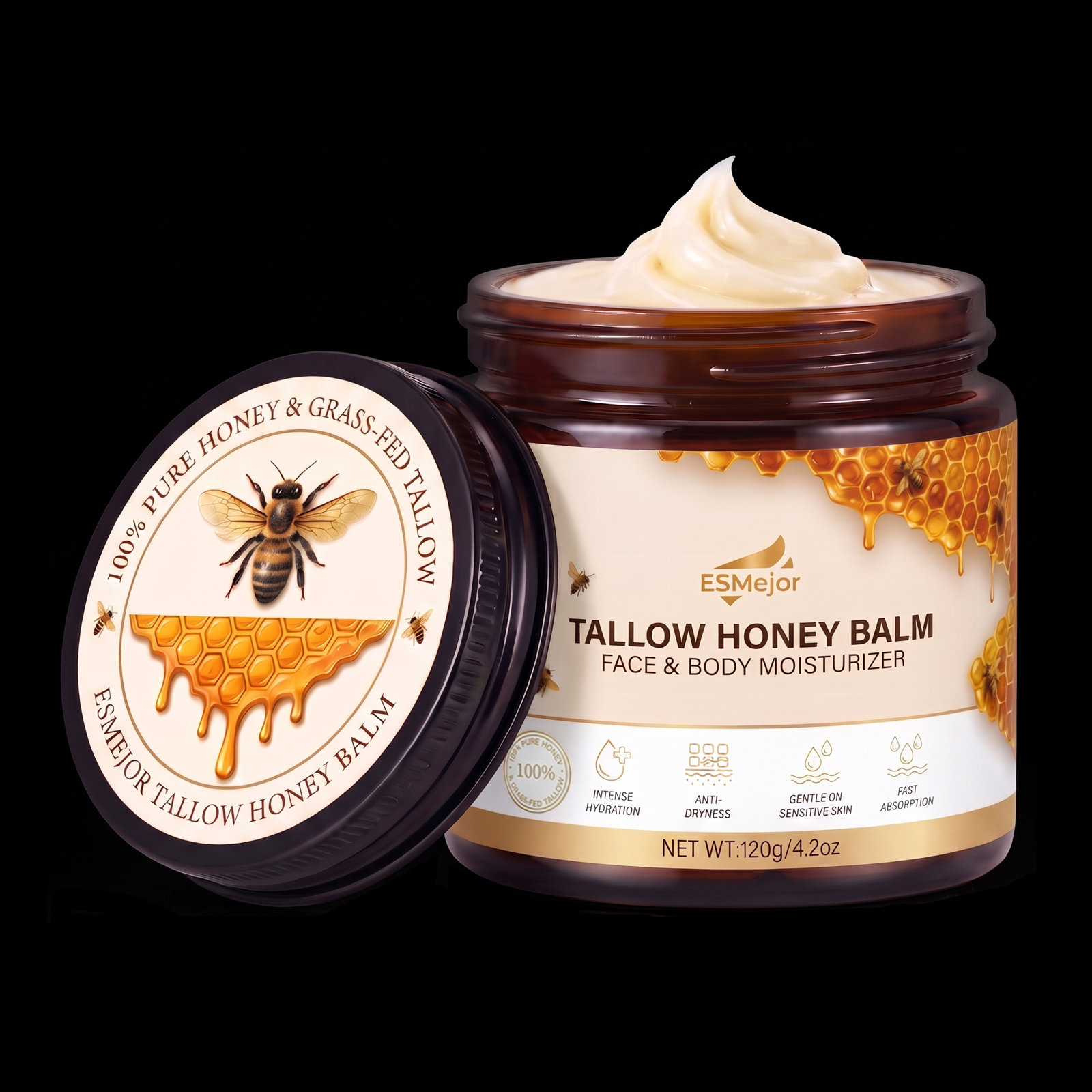 ESMejor 100% Pure Grass-Fed Tallow Honey Balm - Face & Body Moisturizer (120g / 4.2 oz)